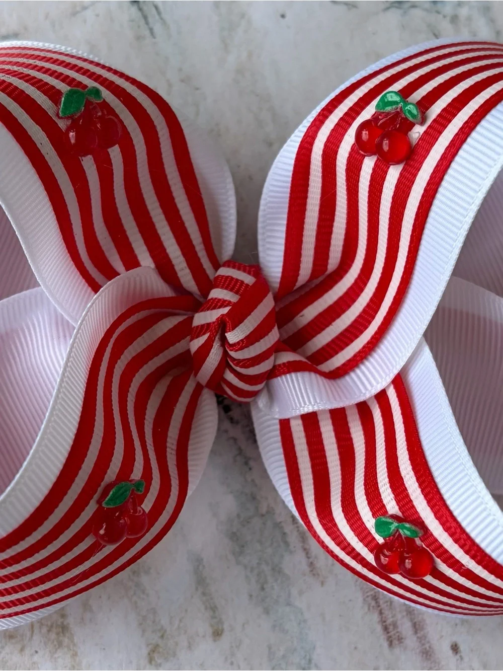 Red & White Striped Cherry Hair Bow 5 inches Wide